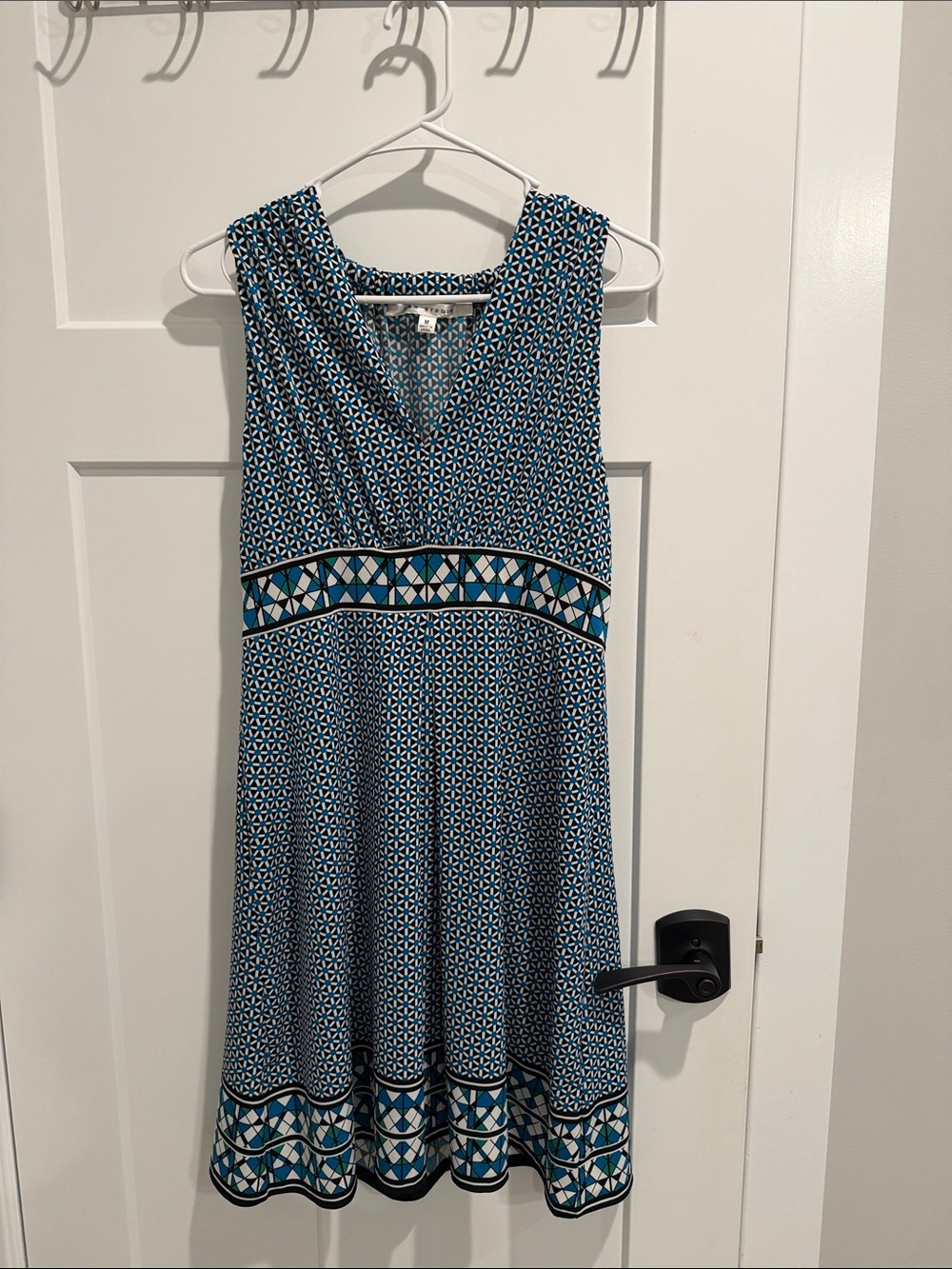 Sleeveless Blue Geo-Print V-Neck Dress